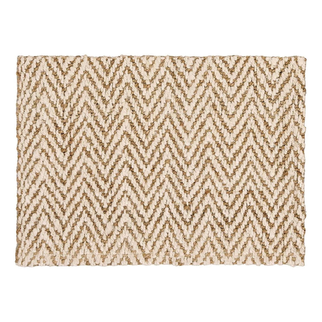 Beige and brown chevron patterned rug on a white background