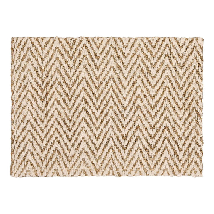Beige and brown chevron patterned rug on a white background