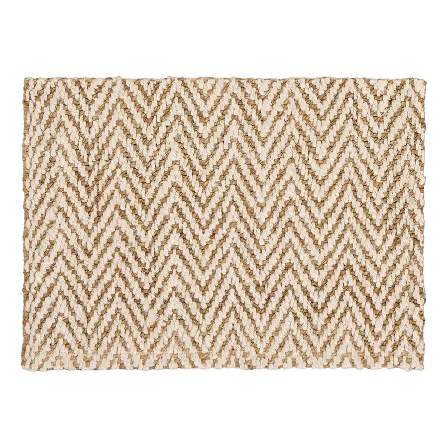 Beige and brown chevron patterned rug on a white background