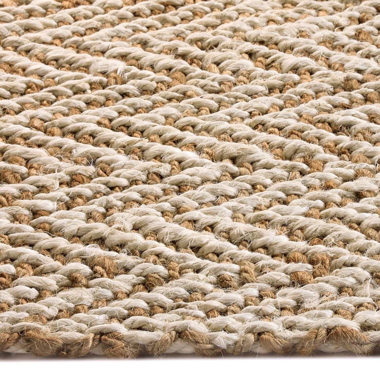 Close-up of a textured woven rug with a neutral color palette.