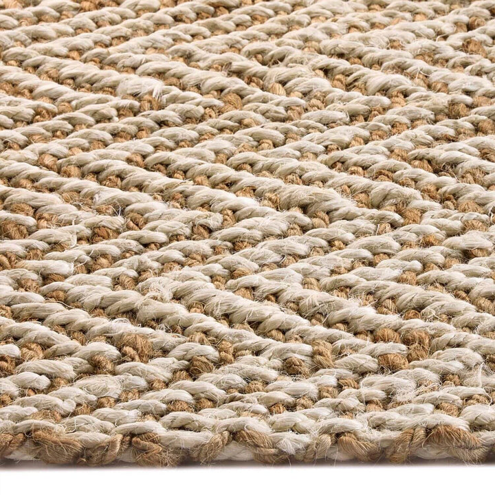 Close-up of a textured woven rug with a neutral color palette.