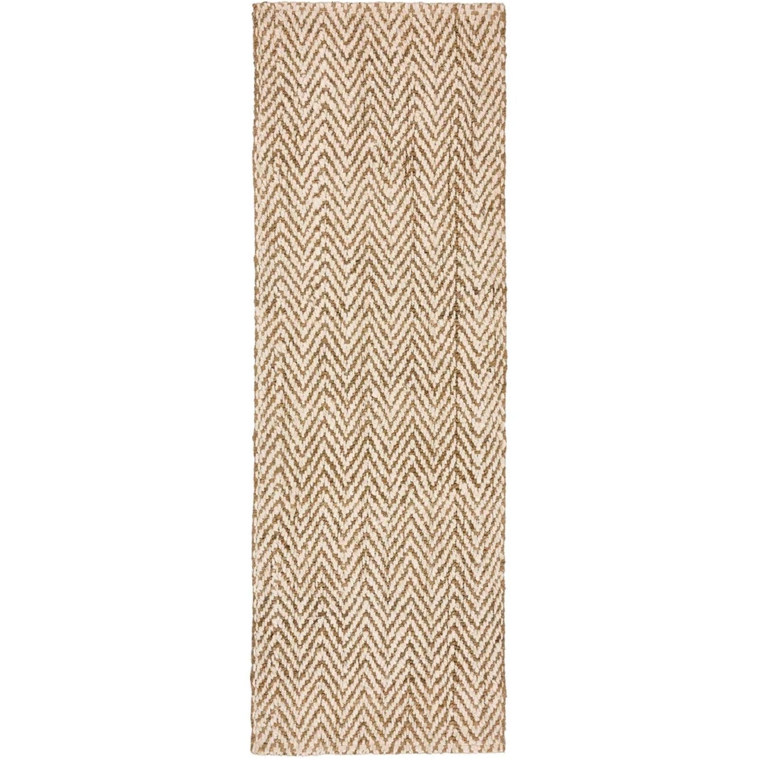 Beige and brown chevron patterned rug on a white background