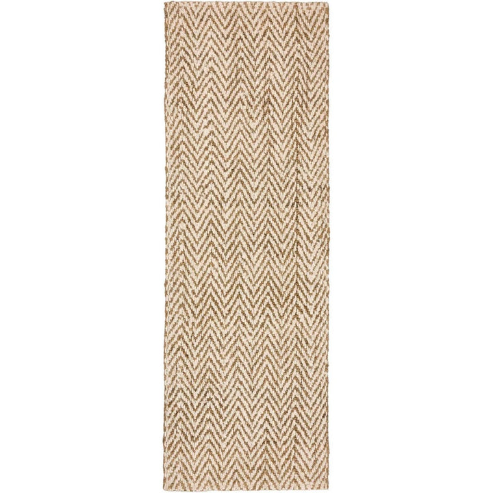 Beige and brown chevron patterned rug on a white background