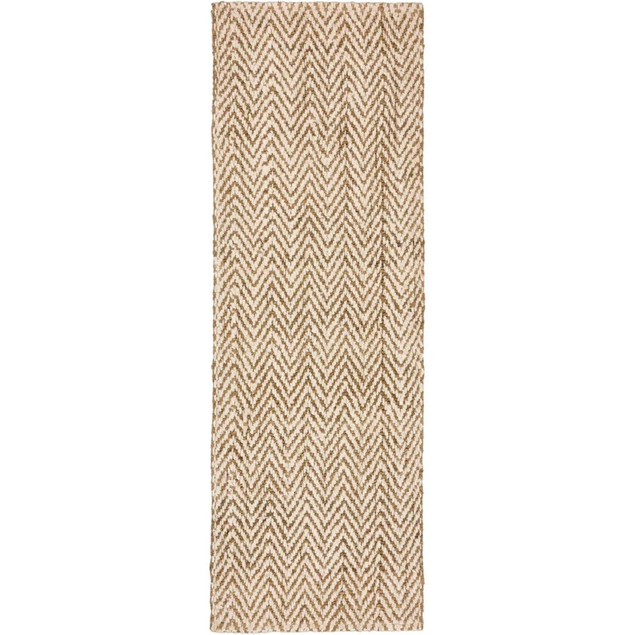 Beige and brown chevron patterned rug on a white background