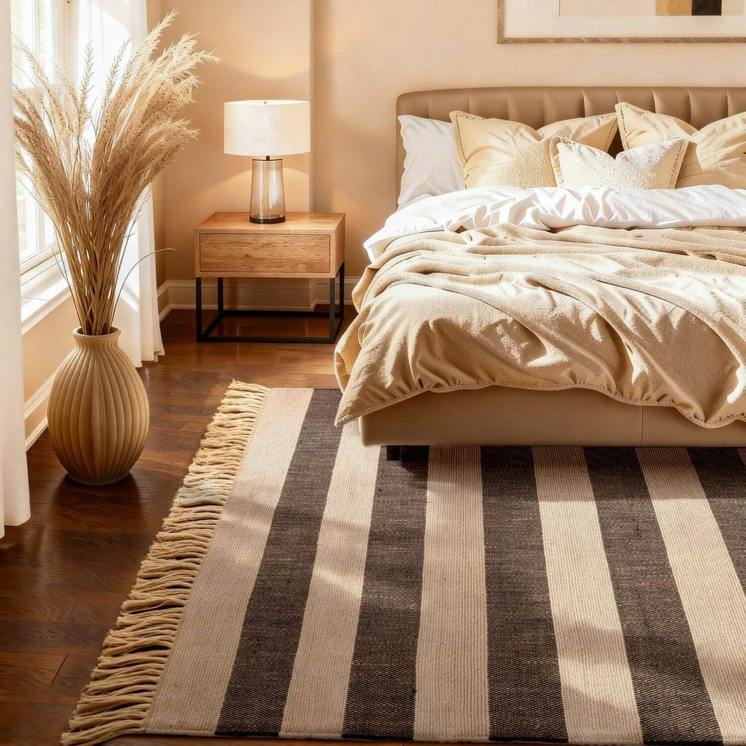 Handloom Jute Rug Natural White Black Fringed, Reversible, Striped Rug