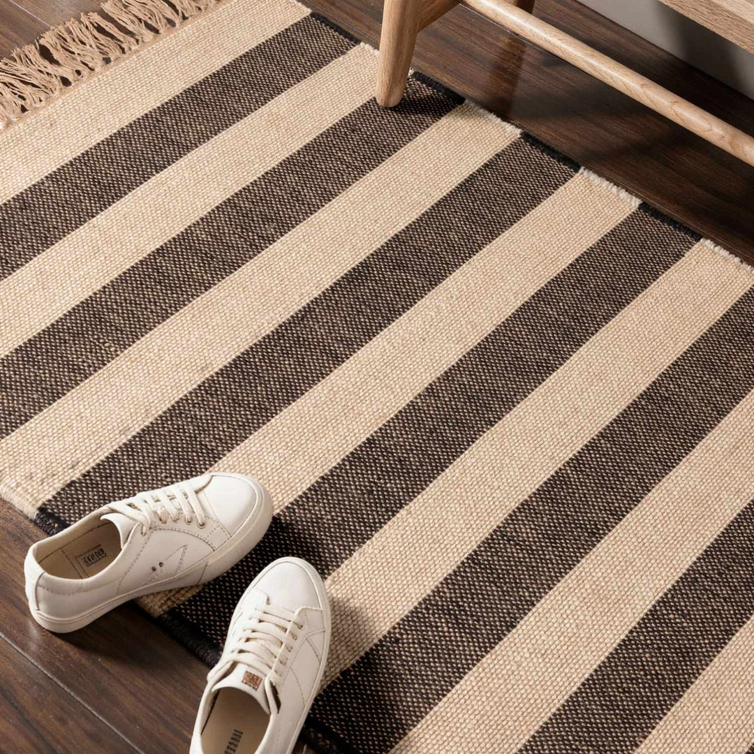 Handloom Jute Rug Natural White Black Fringed, Reversible, Striped Rug