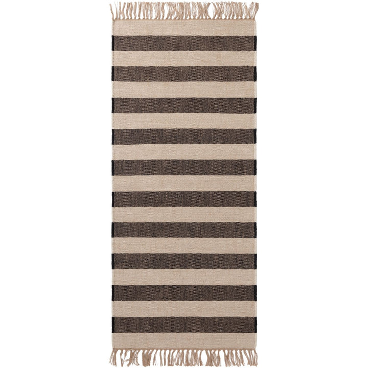 Handloom Jute Rug Natural White Black Fringed, Reversible, Striped Rug