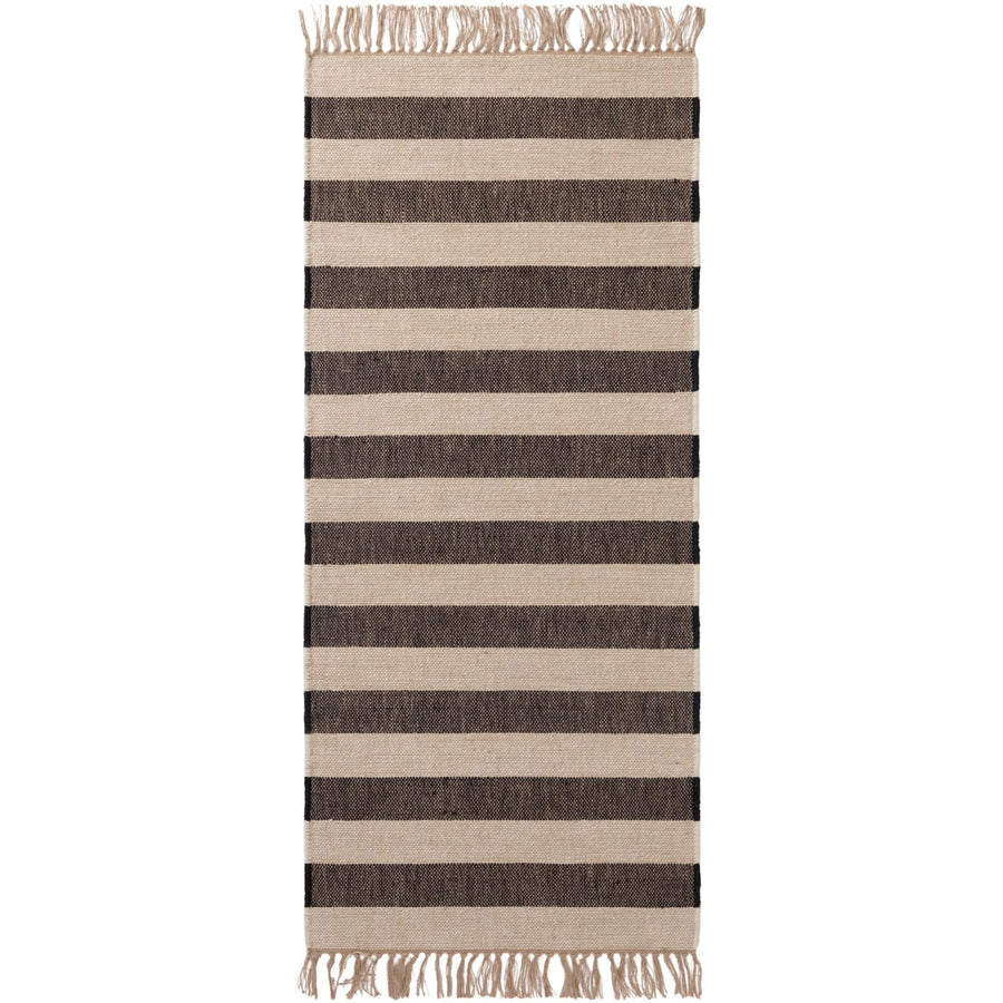 Handloom Jute Rug Natural White Black Fringed, Reversible, Striped Rug