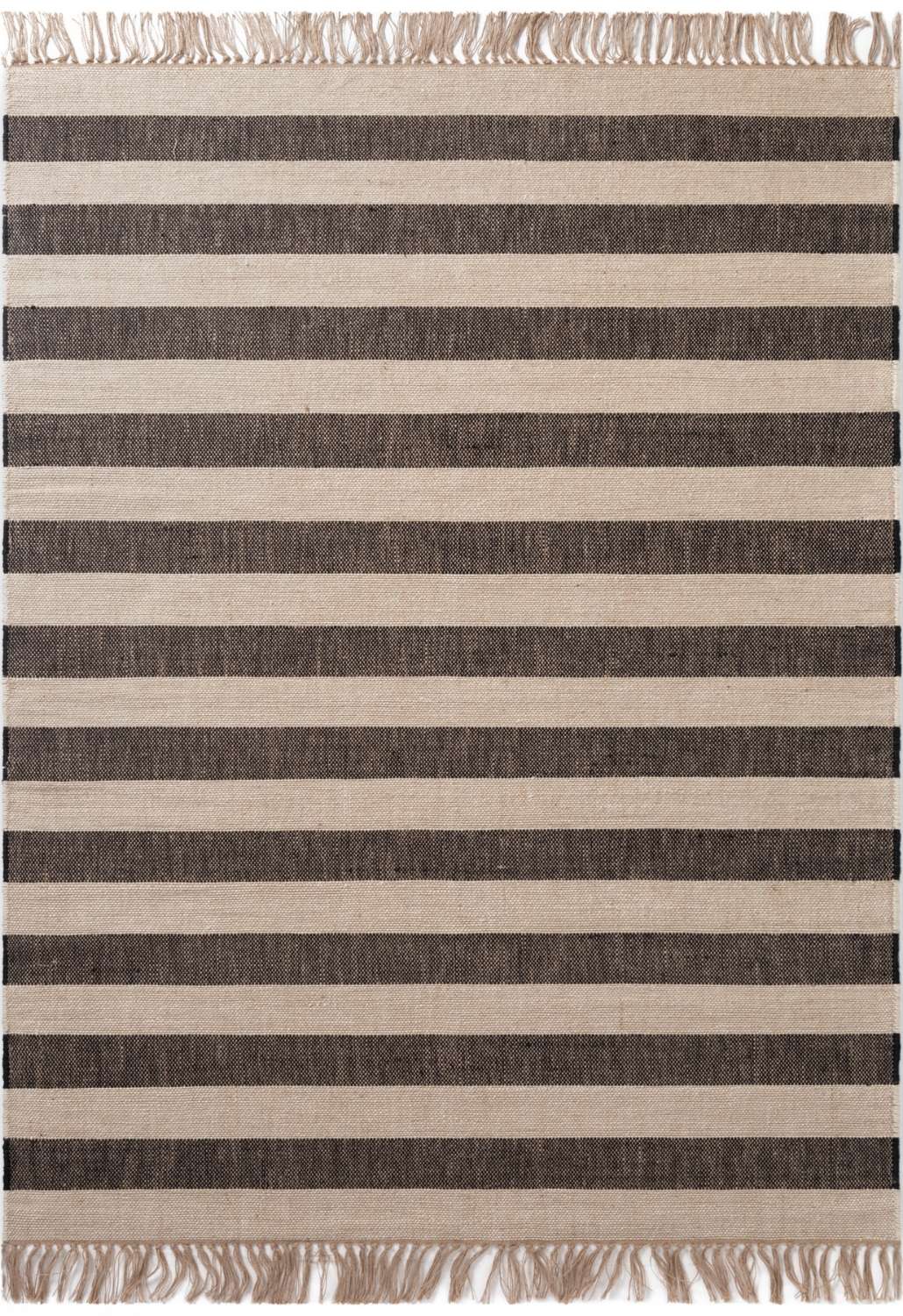 Handloom Jute Rug Natural White Black Fringed, Reversible, Striped Rug