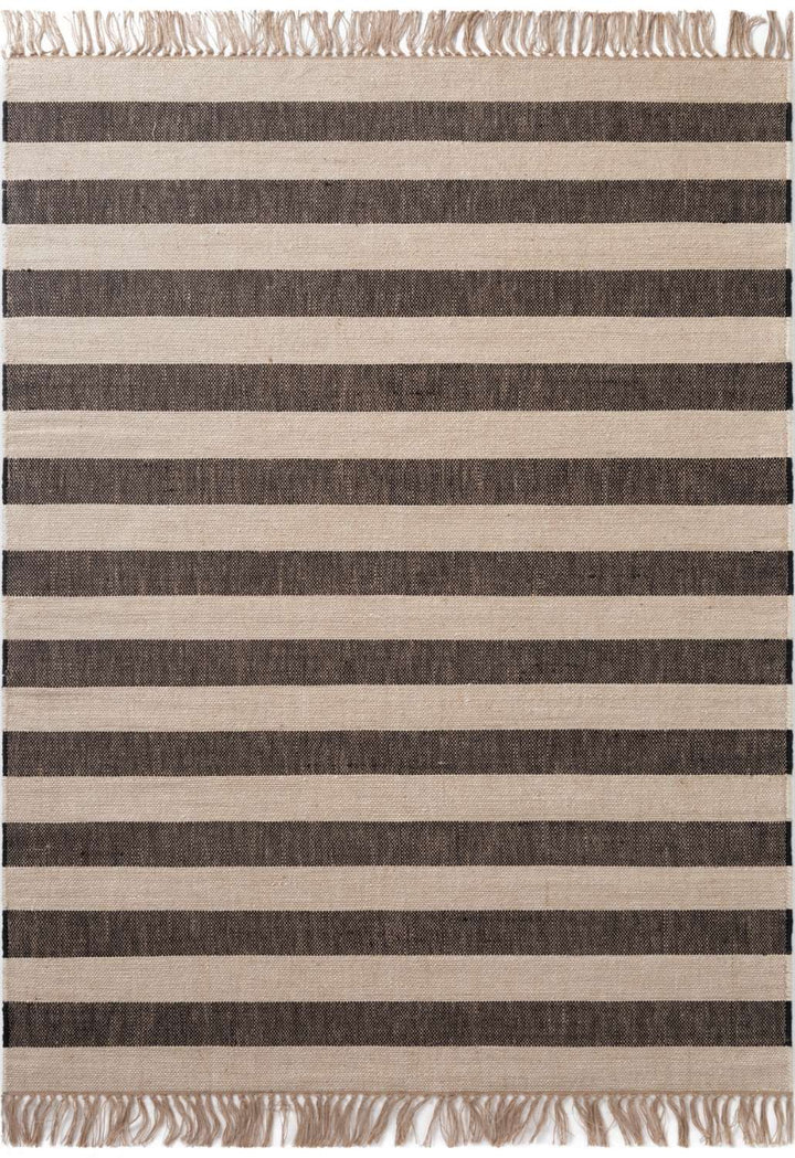 Handloom Jute Rug Natural White Black Fringed, Reversible, Striped Rug