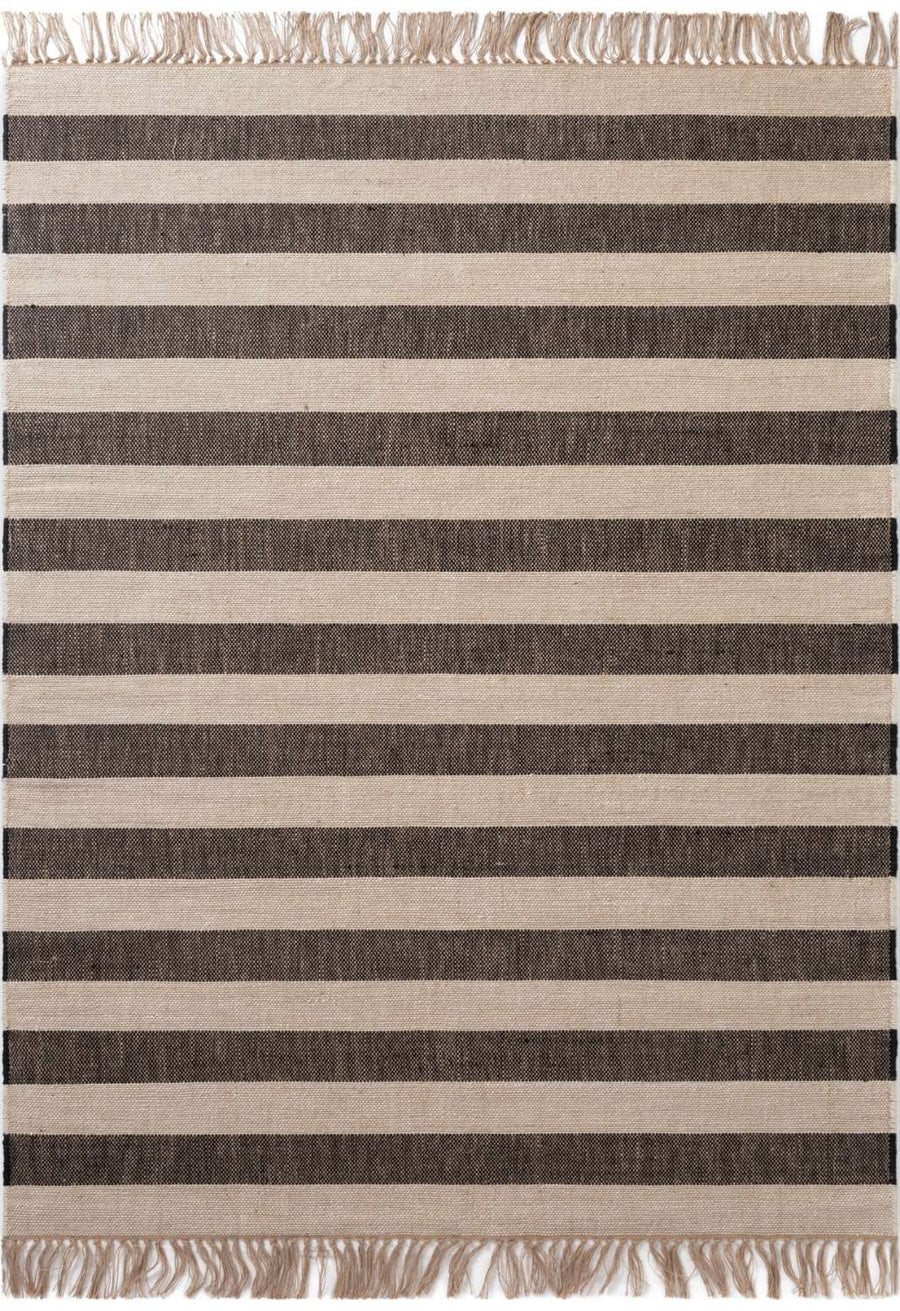 Handloom Jute Rug Natural White Black Fringed, Reversible, Striped Rug