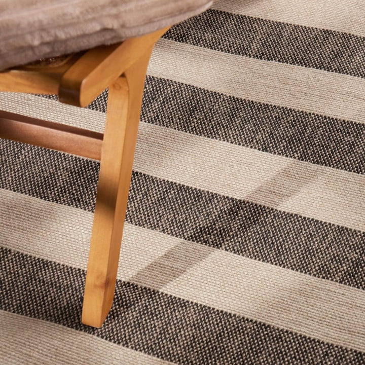 Handloom Jute Rug Natural White Black Fringed, Reversible, Striped Rug