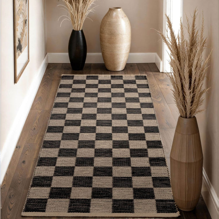 Handloom Jute Rug Natural White Black, Reversible, Long-lasting, checkerboard design.