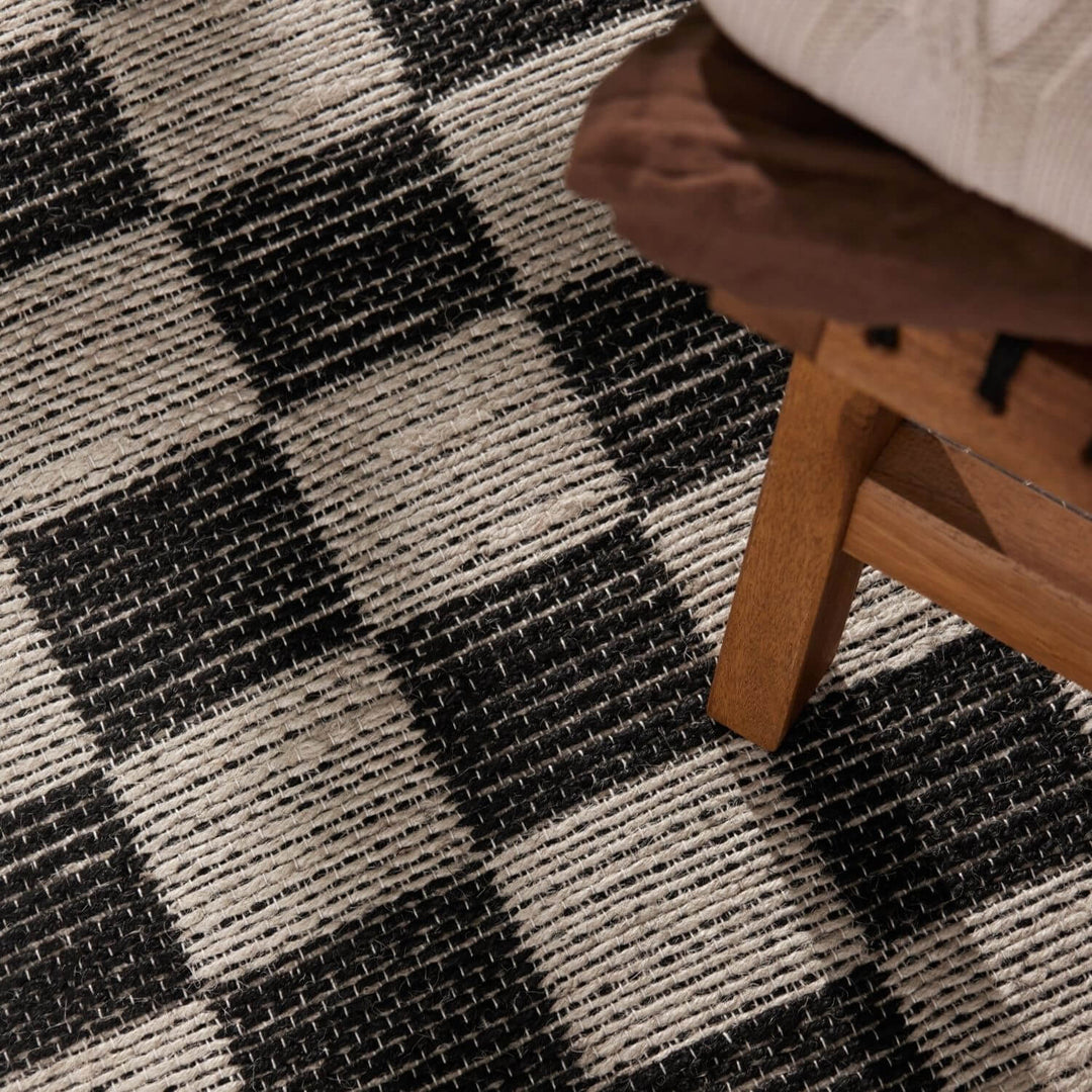 Handloom Jute Rug Natural White Black, Reversible, Long-lasting, checkerboard design.