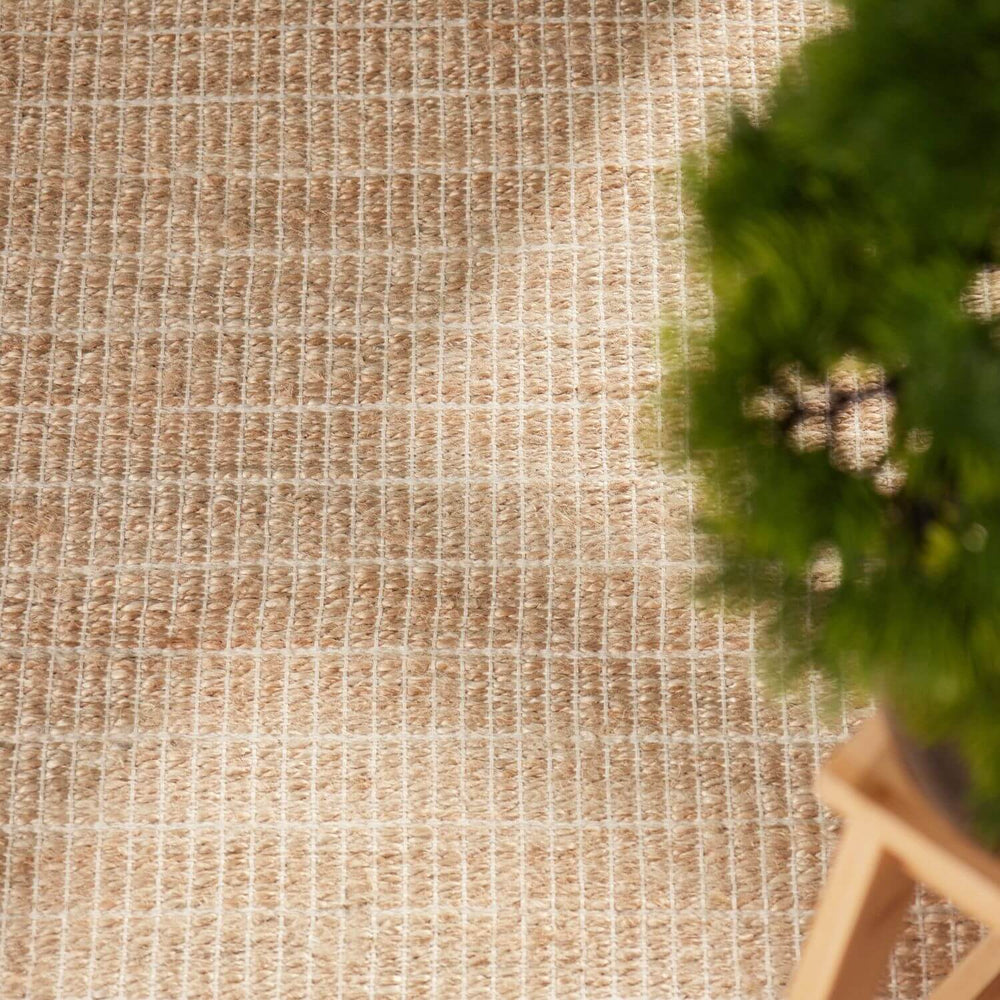 Close-up of a textured beige carpet with a plant in the corner