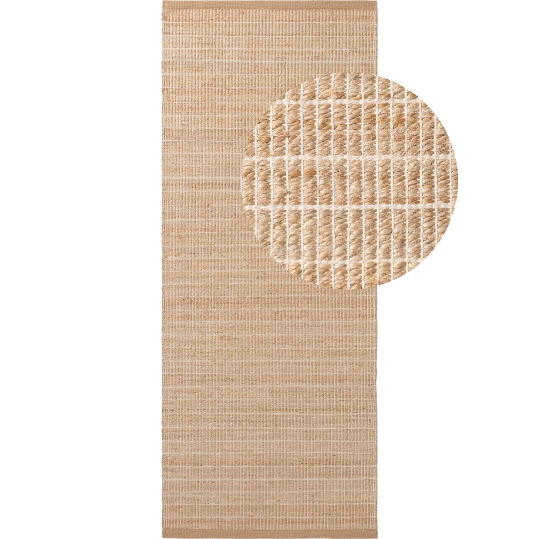 Beige woven mat with a circular textured design on a white background