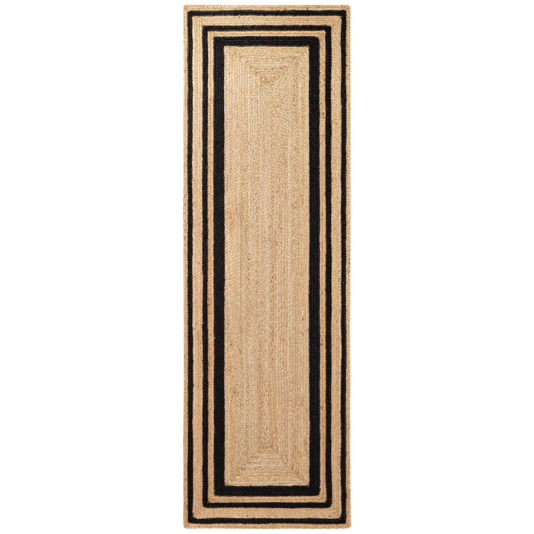 Beige runner rug with black border on a white background
