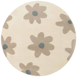 Round beige rug with brown floral patterns on a white background