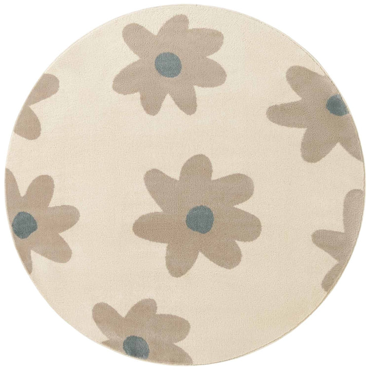 Round beige rug with brown floral patterns on a white background