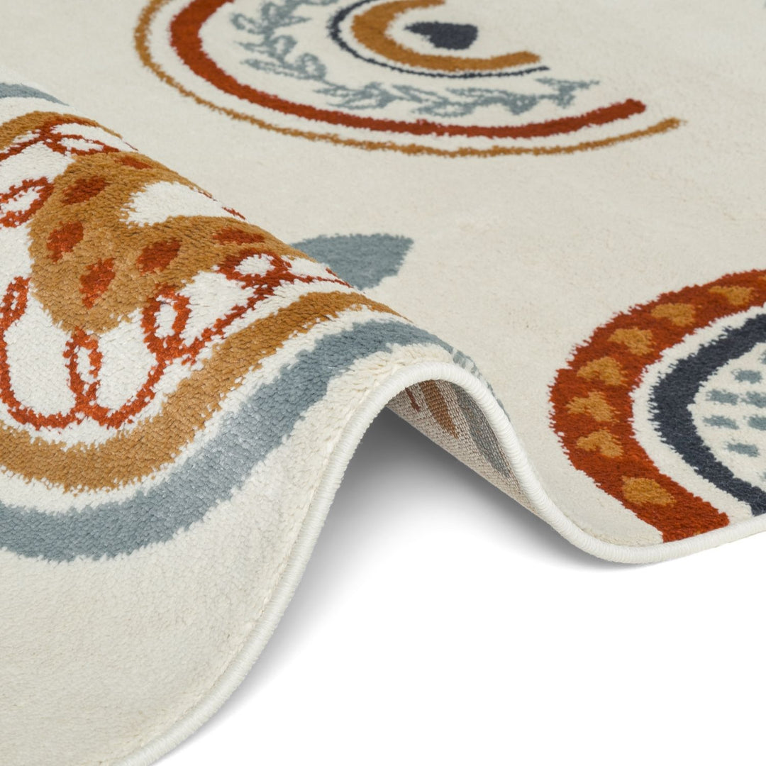 Close-up of a patterned rug with decorative elements on a white background