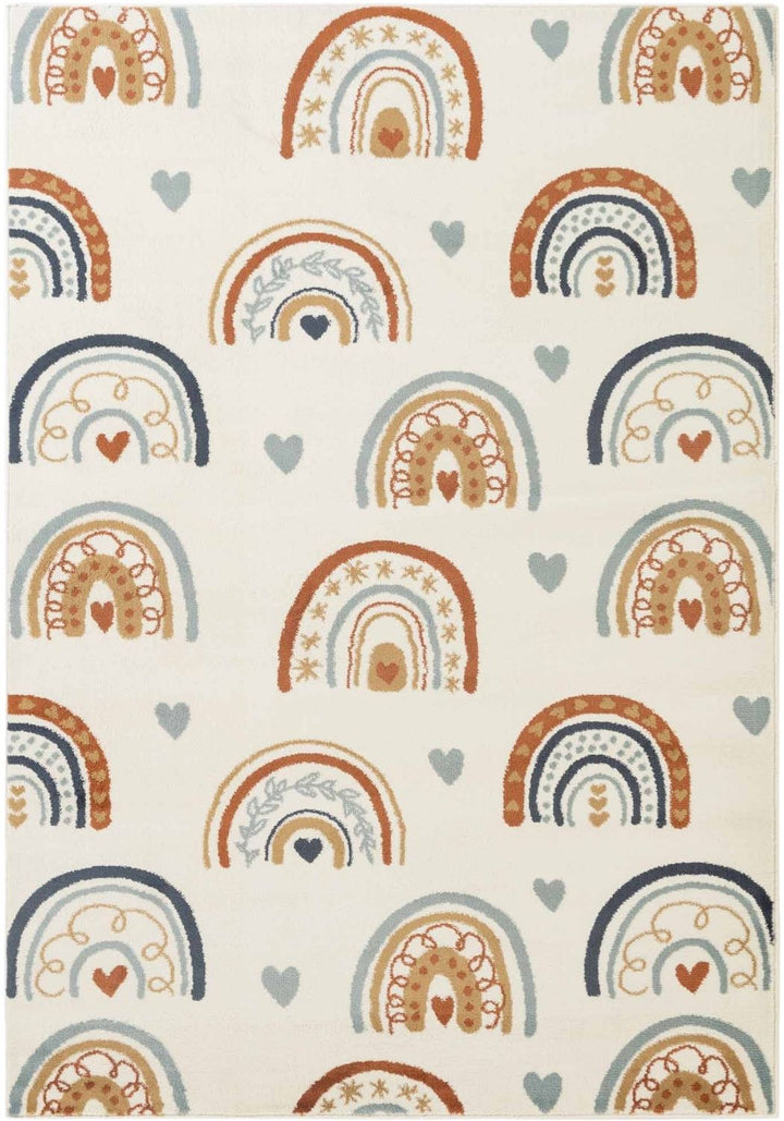 Patterned rug with colorful rainbows and hearts on a beige background