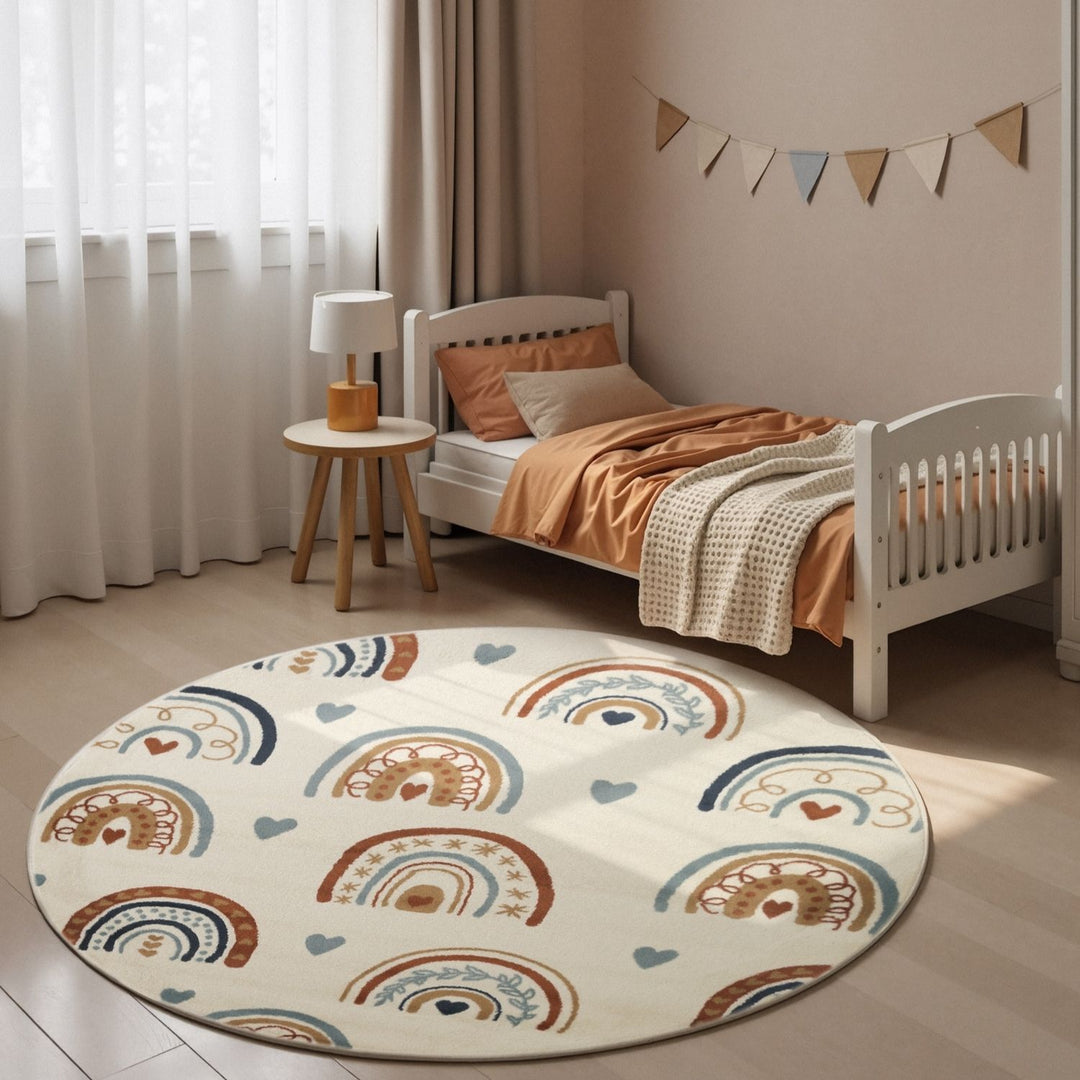Round rug with rainbow pattern in a bedroom setting