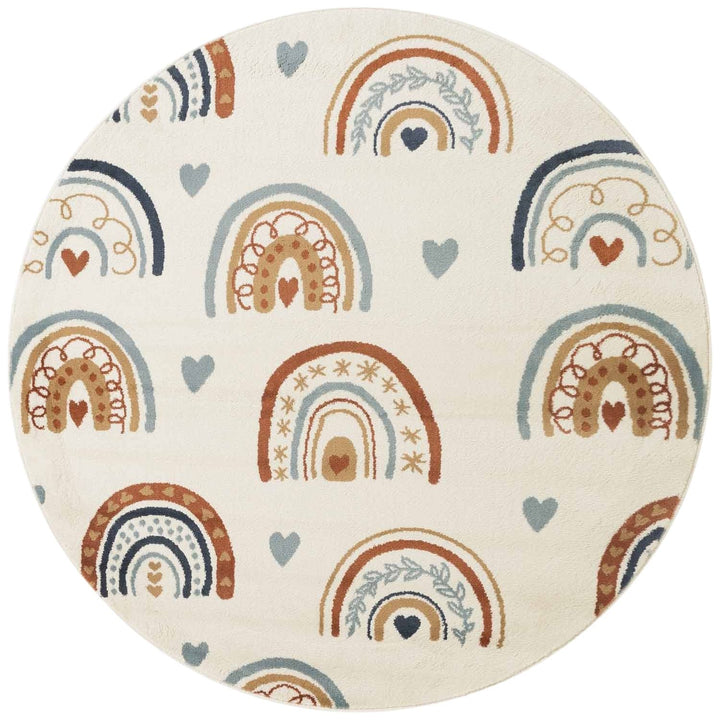 Round rug with rainbow and heart pattern on a white background
