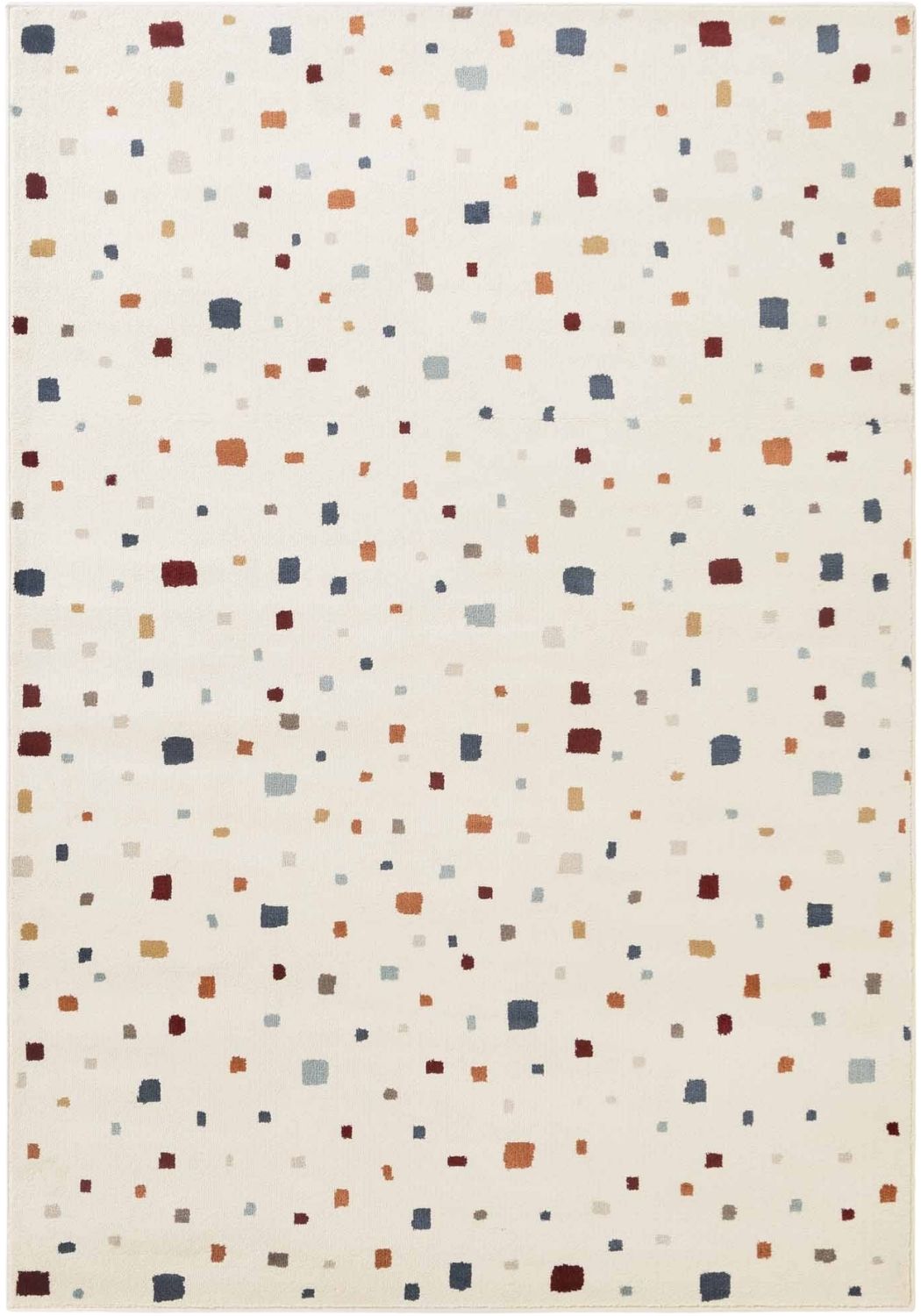 Patterned rug with small squares in various colors on a white background