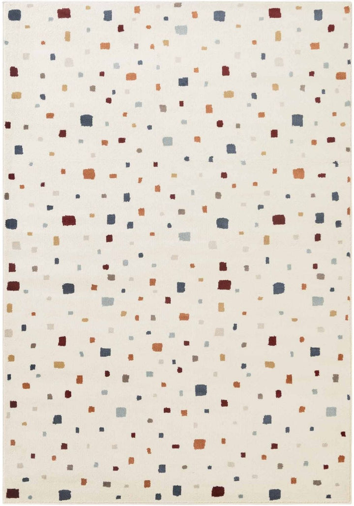 Patterned rug with small squares in various colors on a white background