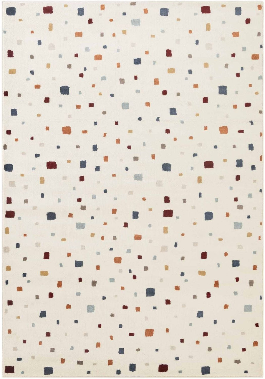 Patterned rug with small squares in various colors on a white background