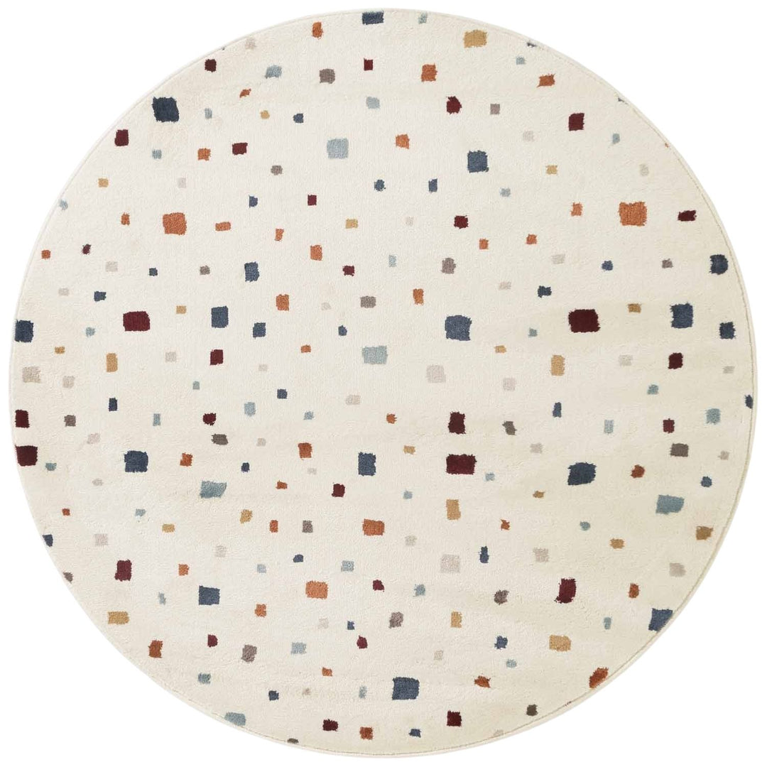 Round rug with a multicolored square pattern on a white background