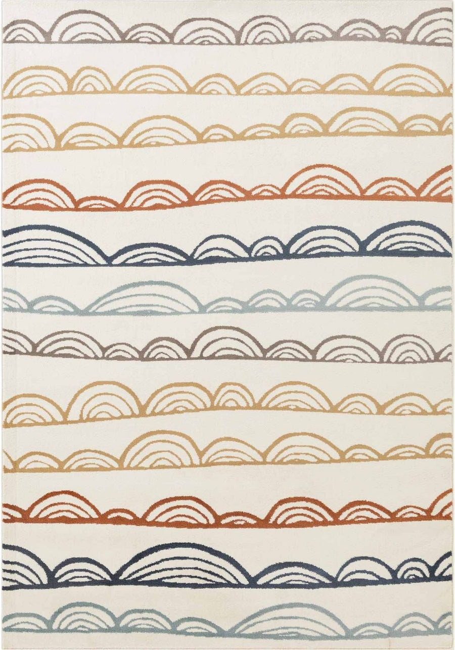 Patterned fabric with horizontal stripes in gold, blue, and rust on a white background