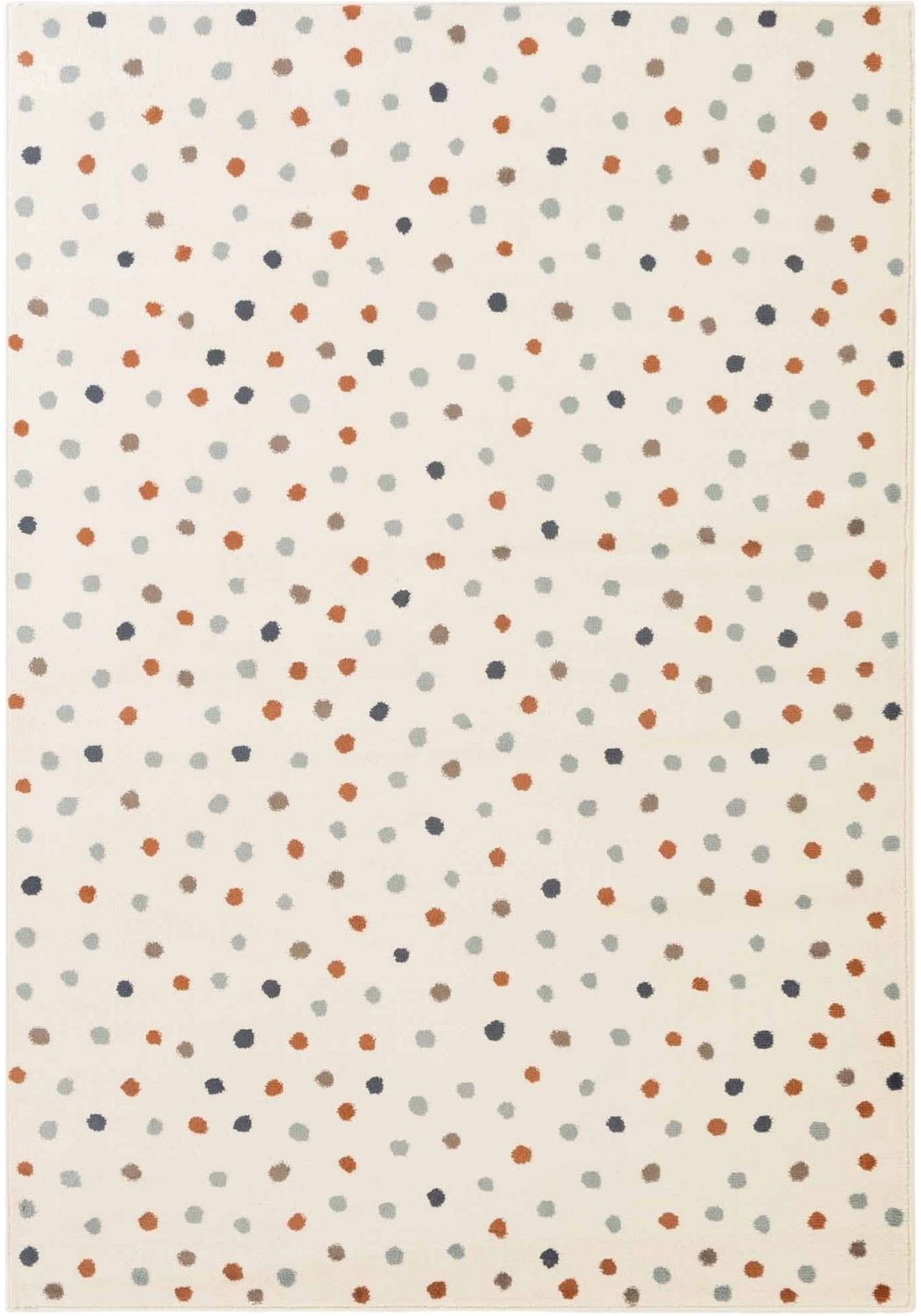 Patterned rug with small dots in various colors on a beige background