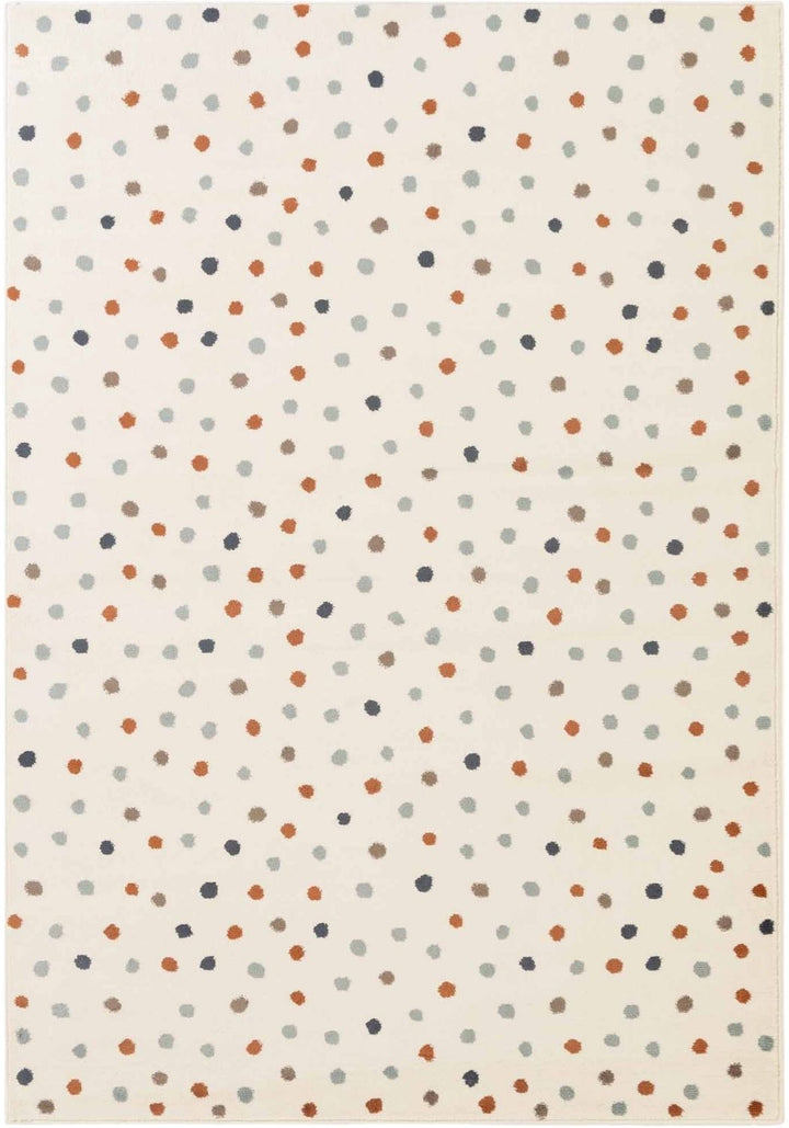Patterned rug with small dots in various colors on a beige background