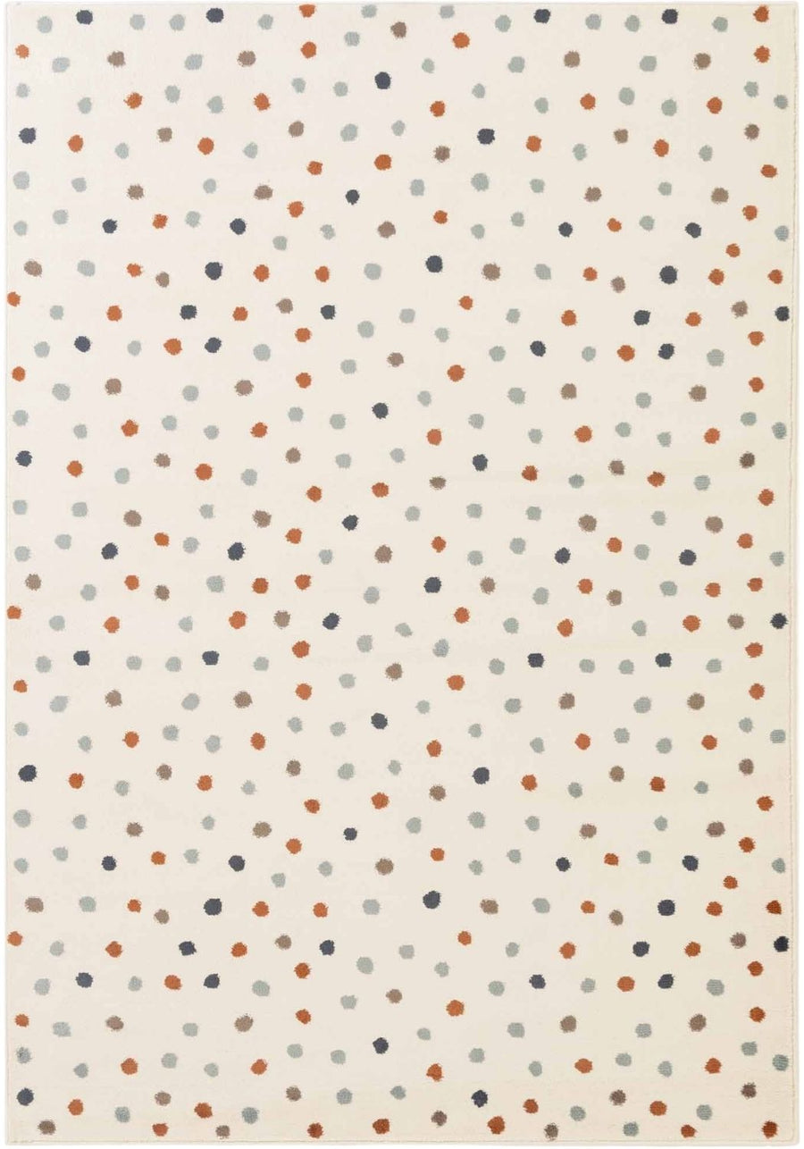 Patterned rug with small dots in various colors on a beige background