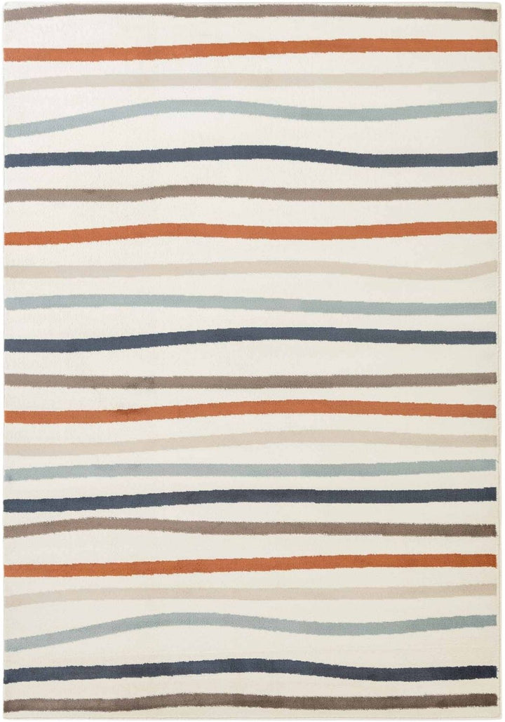 Striped area rug with multicolor pattern on a white background