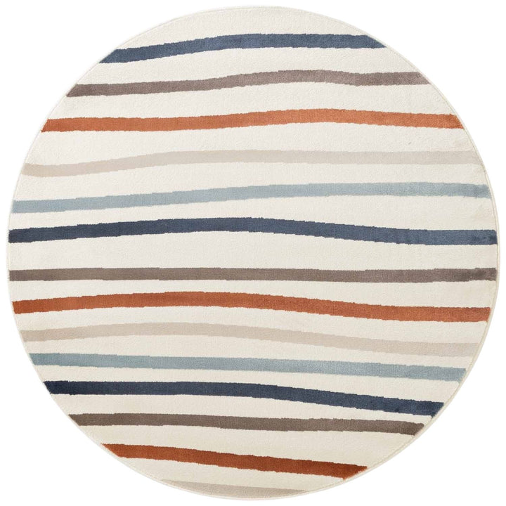 Round rug with multicolored striped pattern on a white background