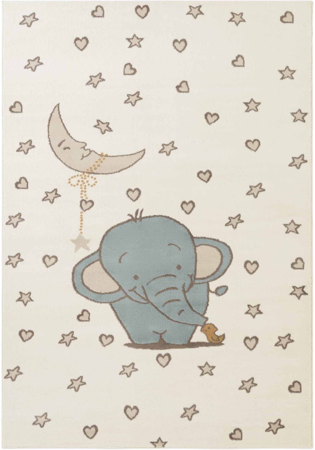 Children's rug with an elephant, moon, and stars design on a beige background