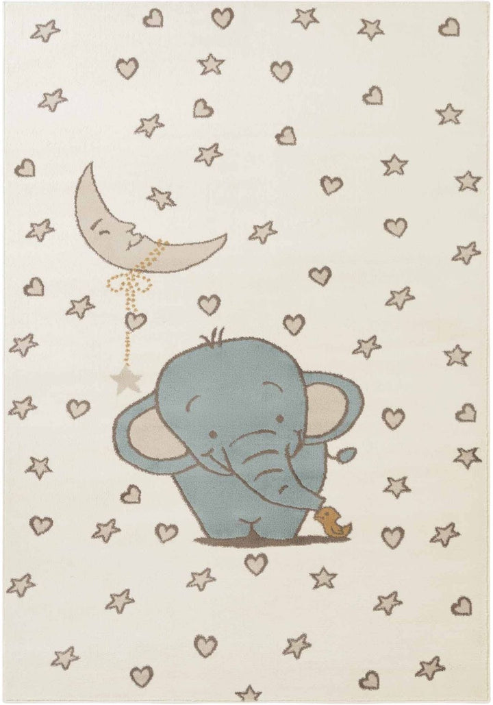 Children's rug with an elephant, moon, and stars design on a beige background