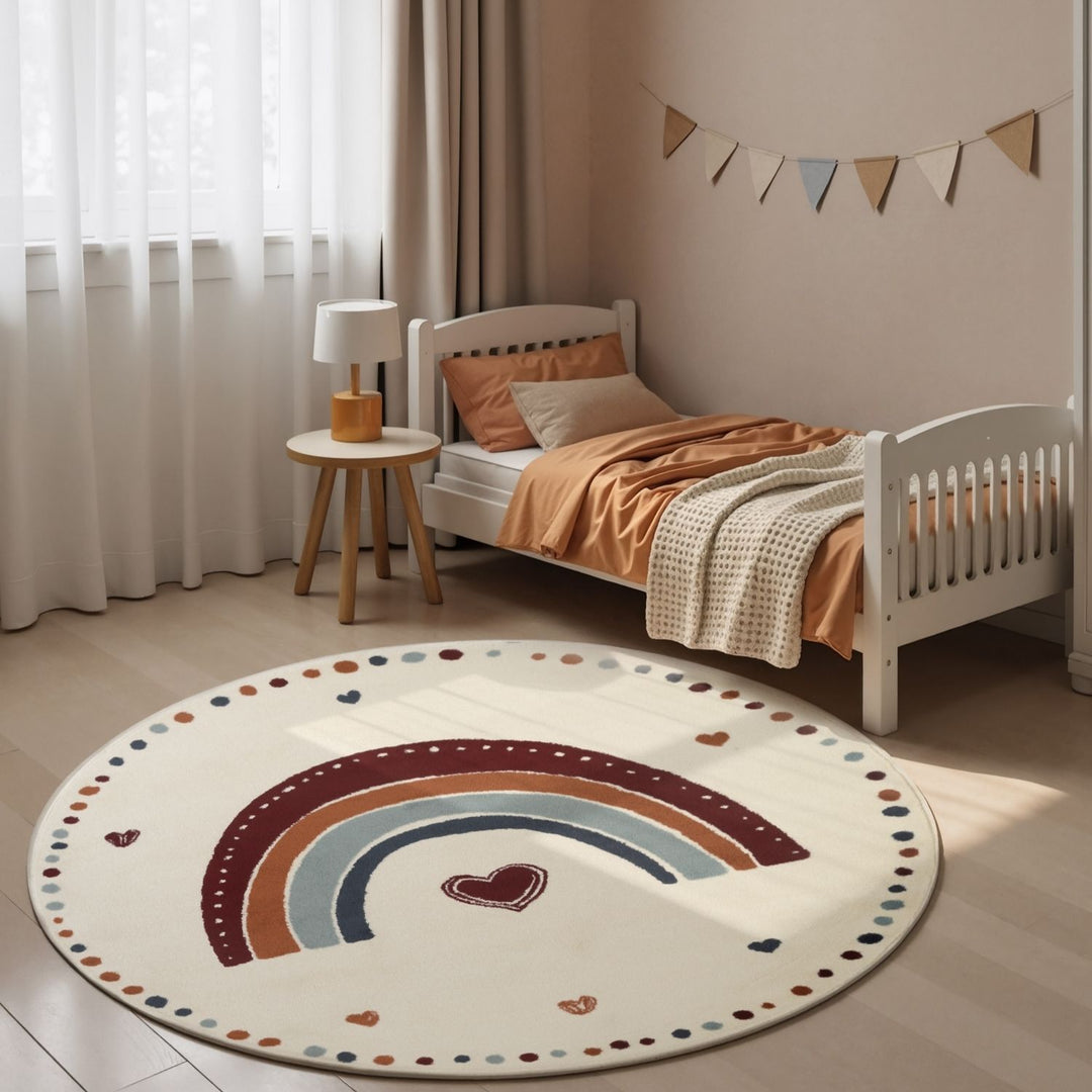 Children's bedroom with a round rug featuring a rainbow design, bed, and small table.