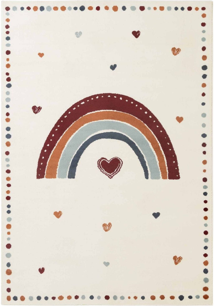 Children's rug with a rainbow and hearts design on a beige background