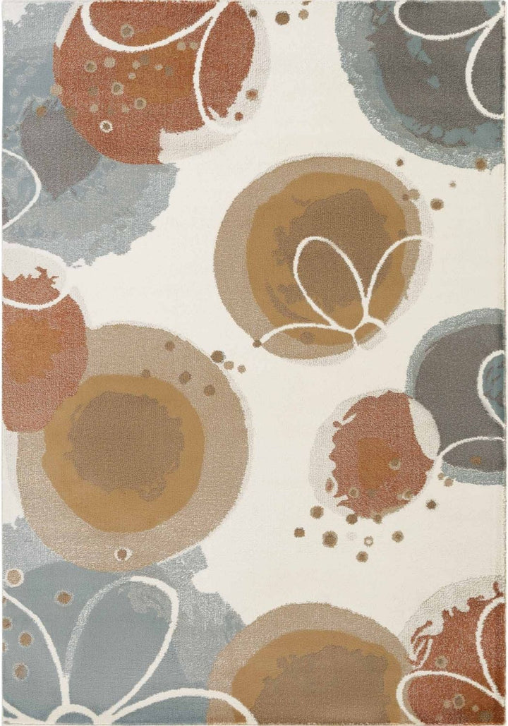 Patterned rug with circular shapes in brown, blue, and beige on a white background