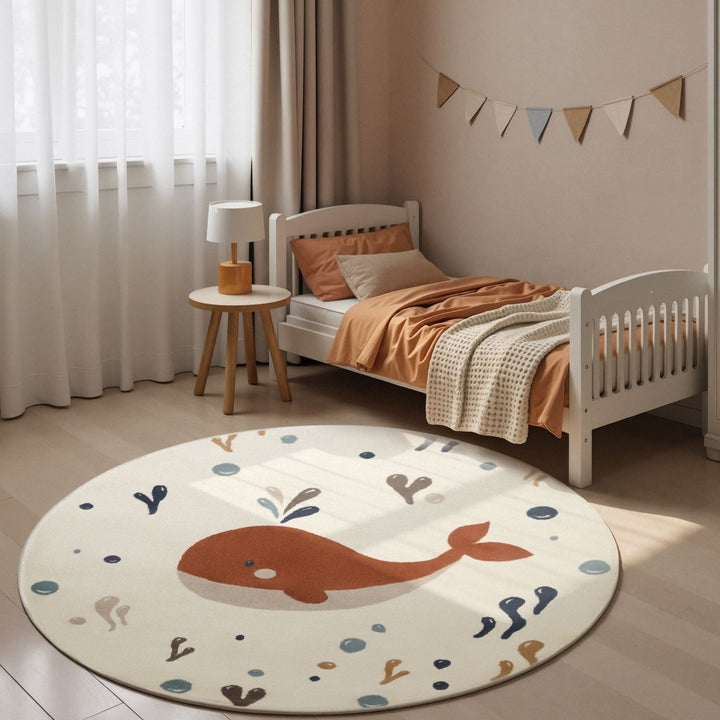 Children's room with a whale-themed rug, bed, and small table.