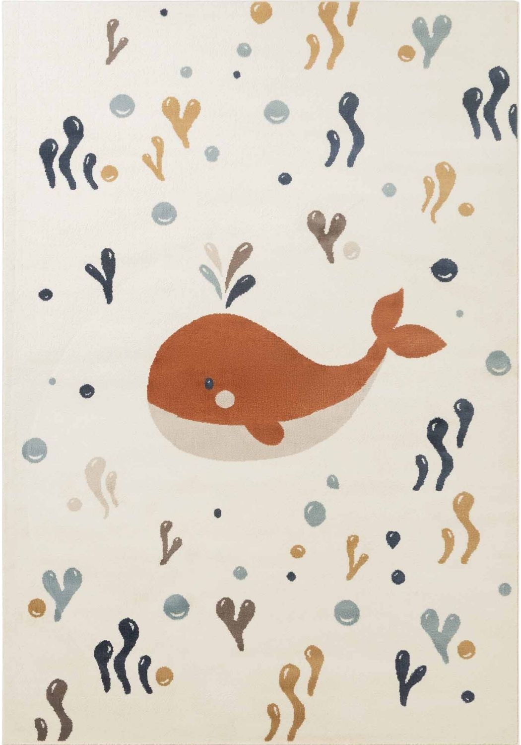 Children's rug with a whale design and underwater elements on a beige background