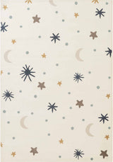Pattern of stars, moons, and dots on a beige background