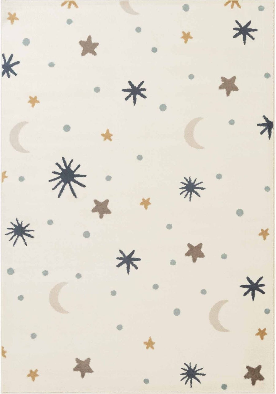 Pattern of stars, moons, and dots on a beige background