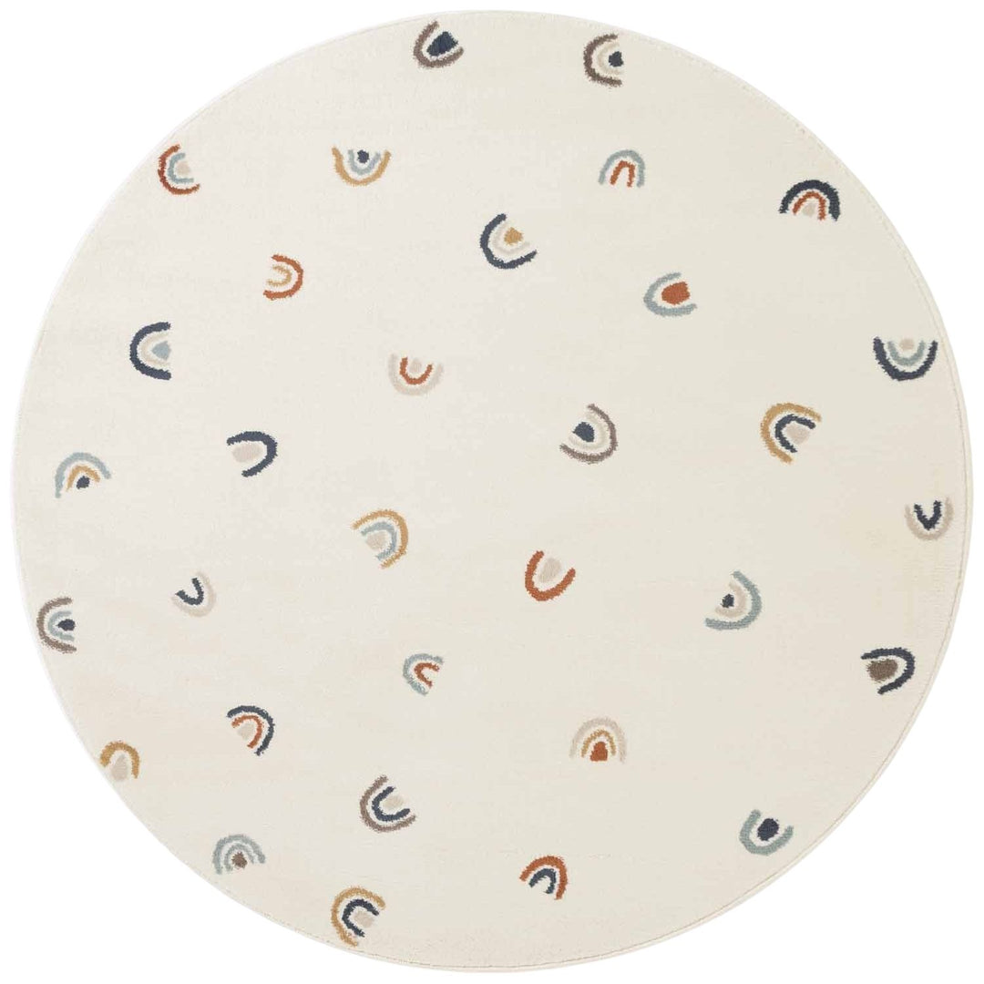 Round rug with rainbow pattern on a white background