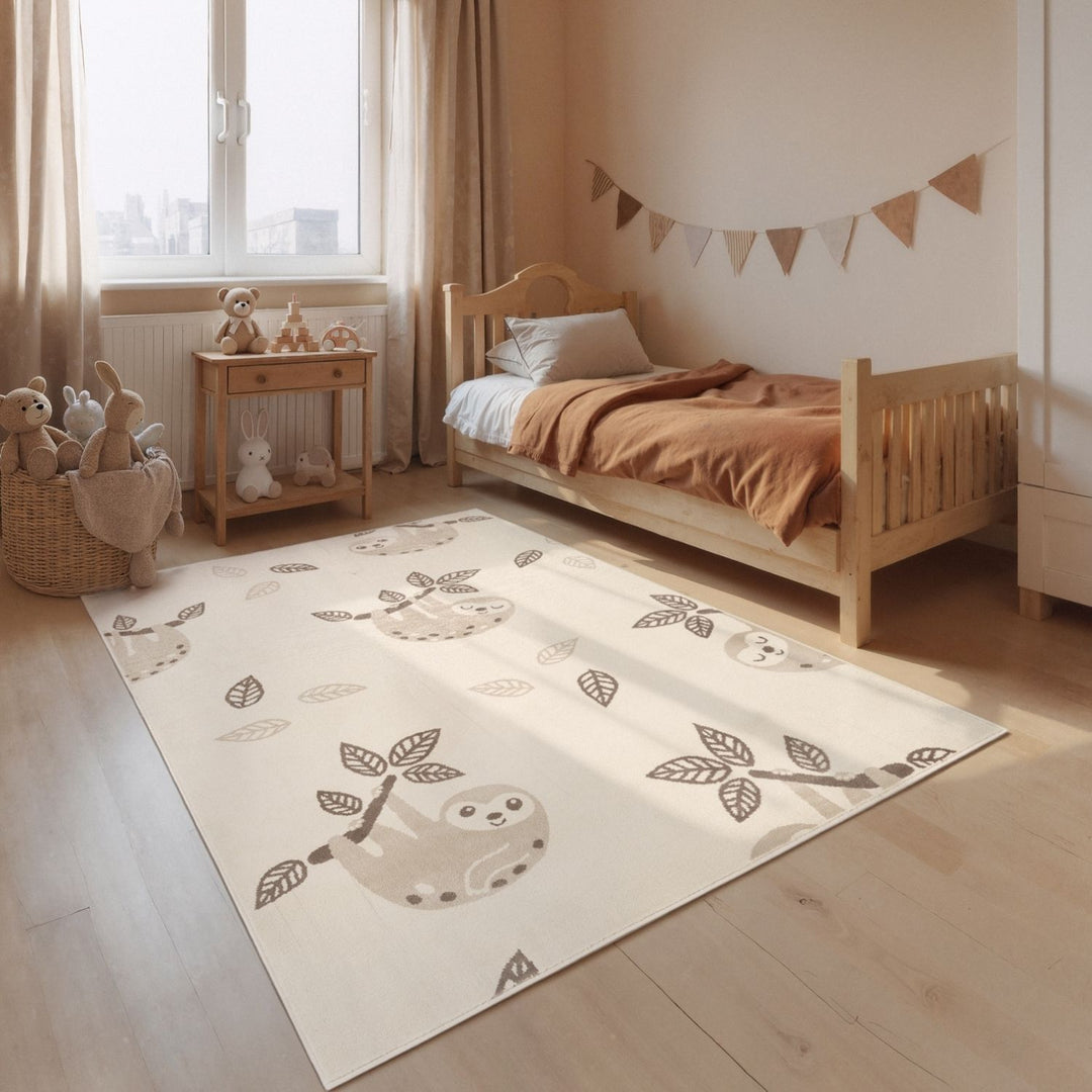 Children's room with a sloth-themed rug on the floor, wooden bed, and side table.