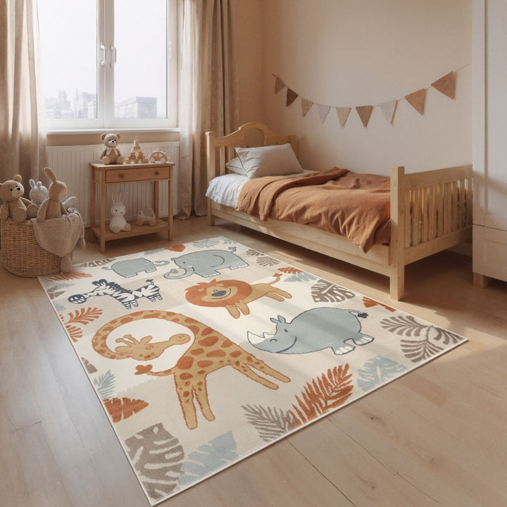 Children's room with a rug featuring animal illustrations and a wooden bed.