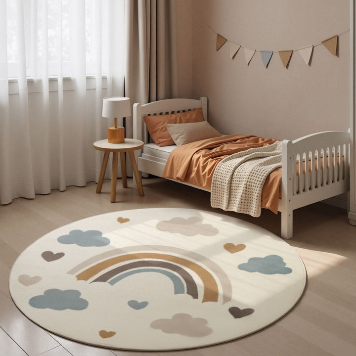 Children's bedroom with a rainbow rug on the floor